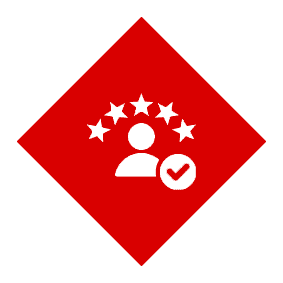 Red badge with person icon and stars indicating verified status.