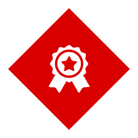 Red diamond badge with a white ribbon and star symbol.