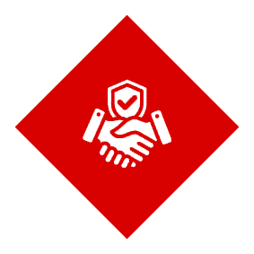 Safety and trust handshake icon inside red diamond.