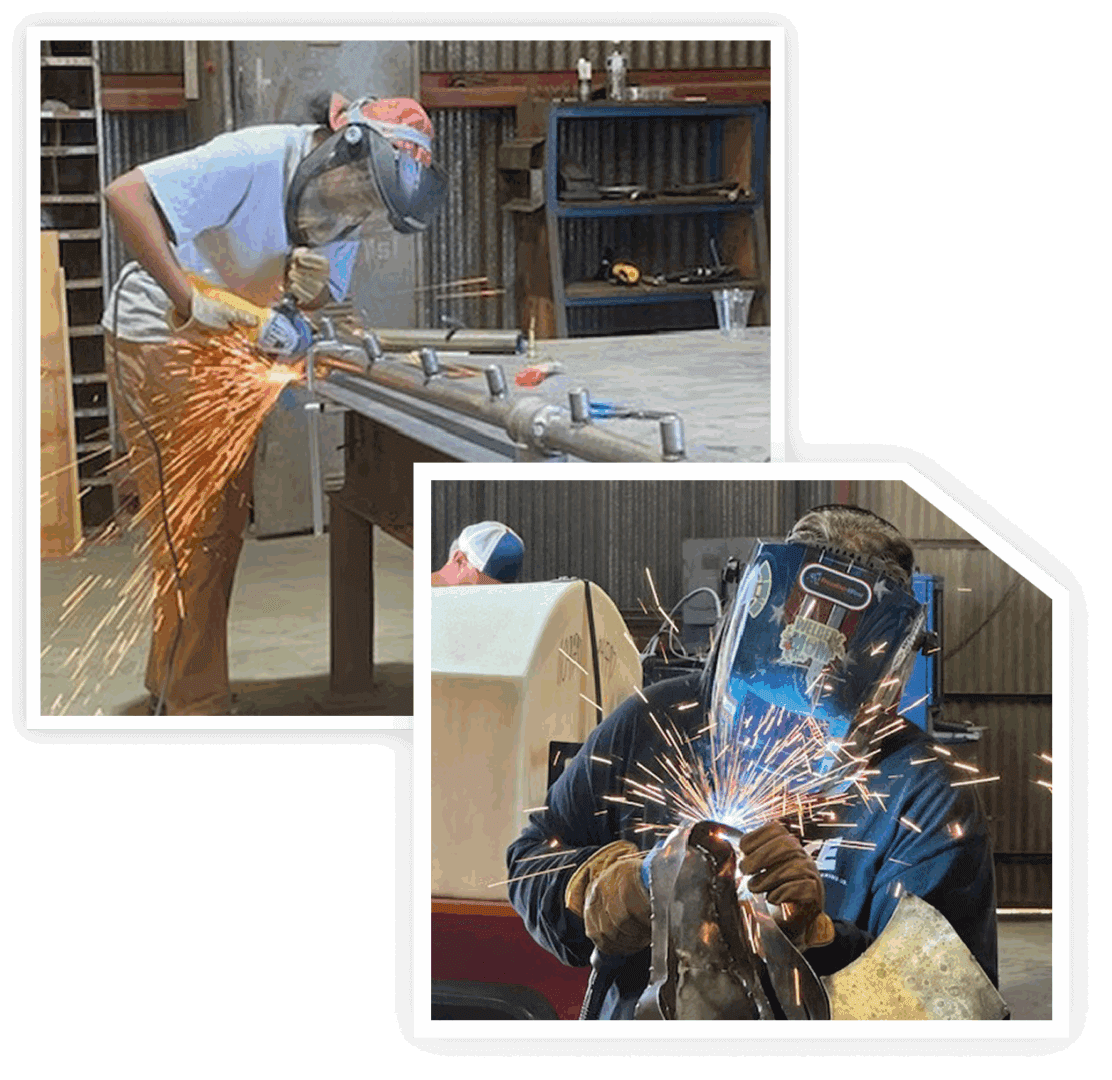 Workers using power tools, creating sparks in a workshop.