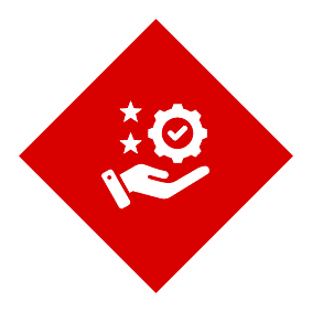 A red diamond-shaped icon with a hand holding a gear and stars above it.