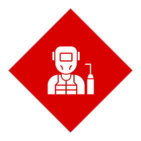 Red diamond sign with a welder icon holding a torch.